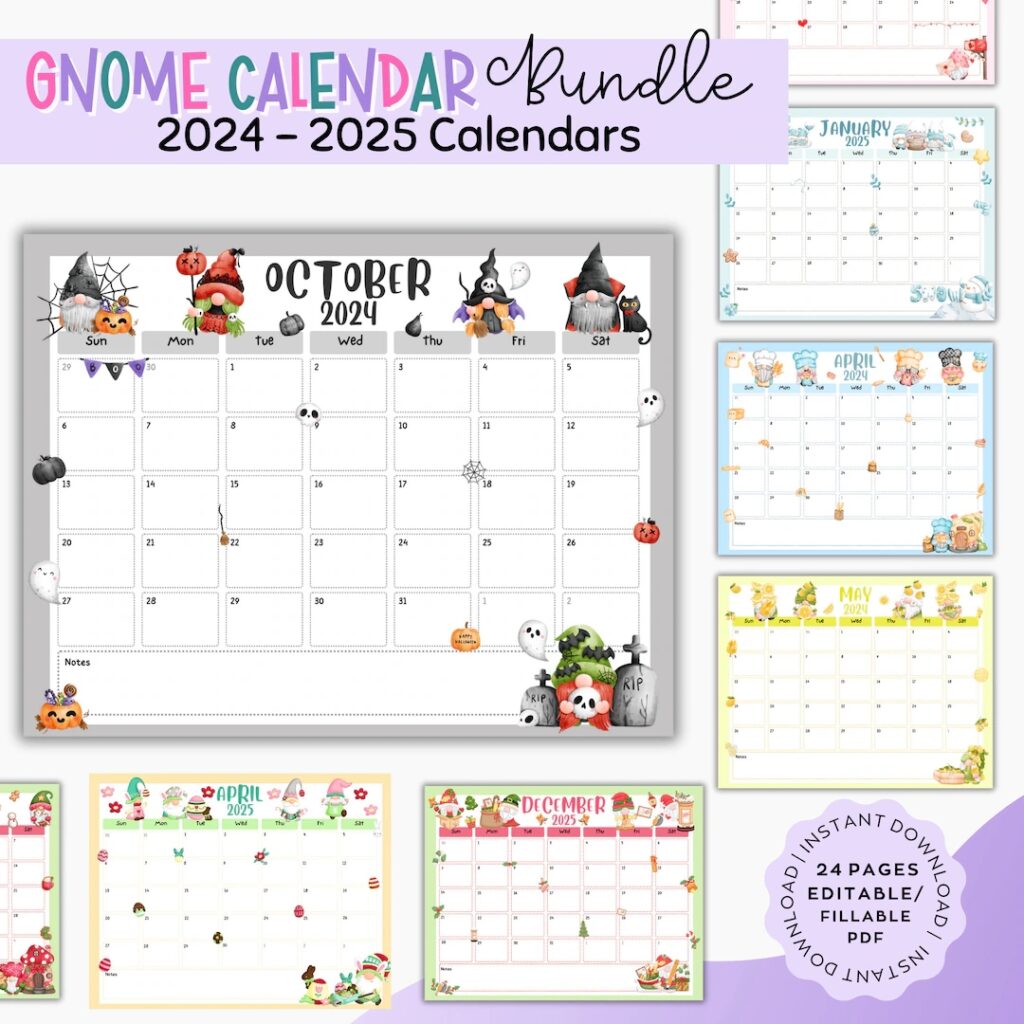 2024 2025 Gnome Calendar Bundle EDITABLE FILLABLE Gnome Themed Monthly Calendar Printable Calendar Instant Download Etsy