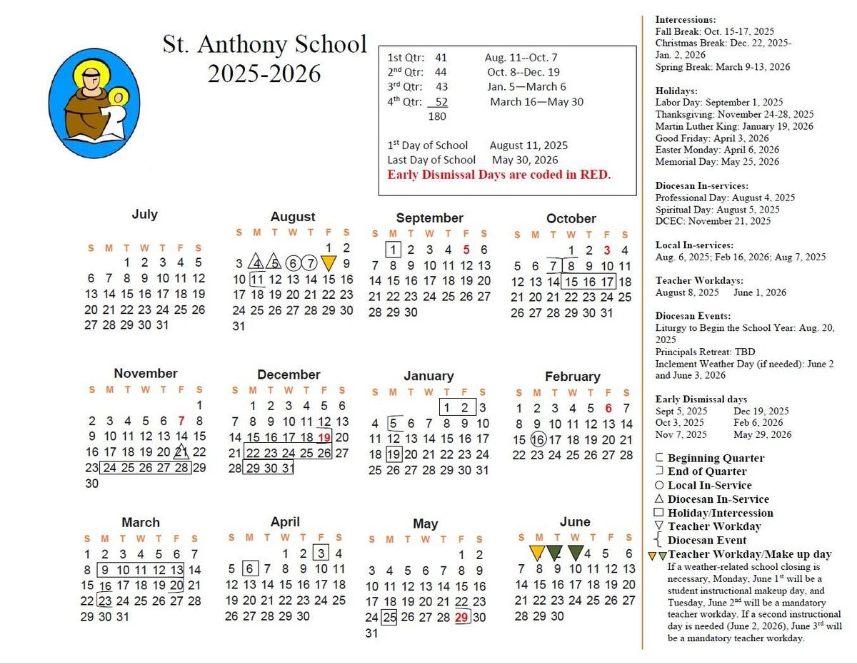 2025 2026 School Calendar St Anthony Catholic School