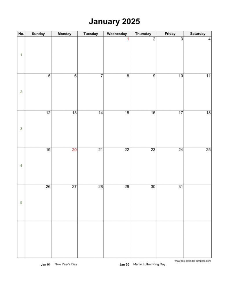 2025 January Calendar Blank Vertical Template Free calendar template