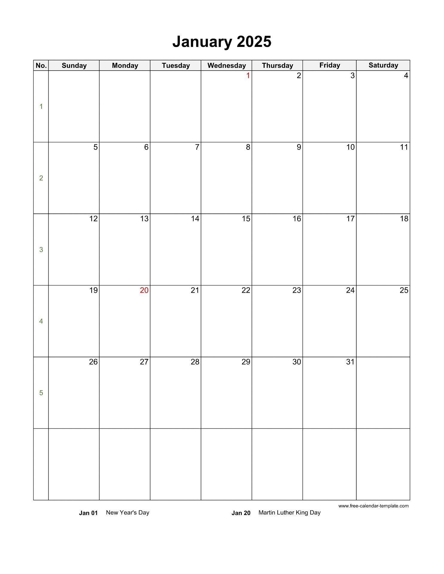 Month Blank Calendar 2025 October