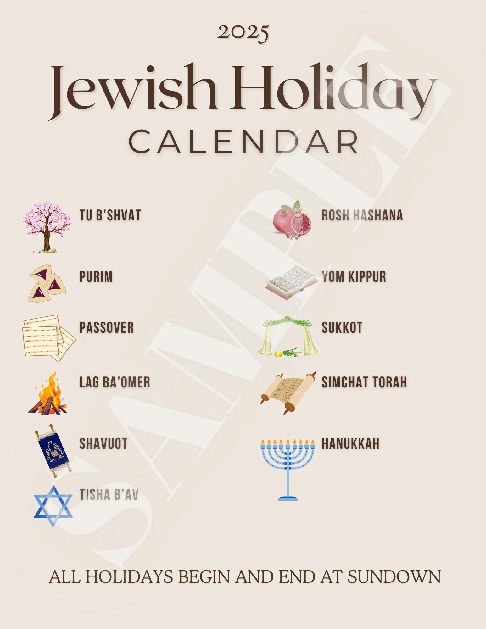 2025 Jewish Holiday Calendar Etsy