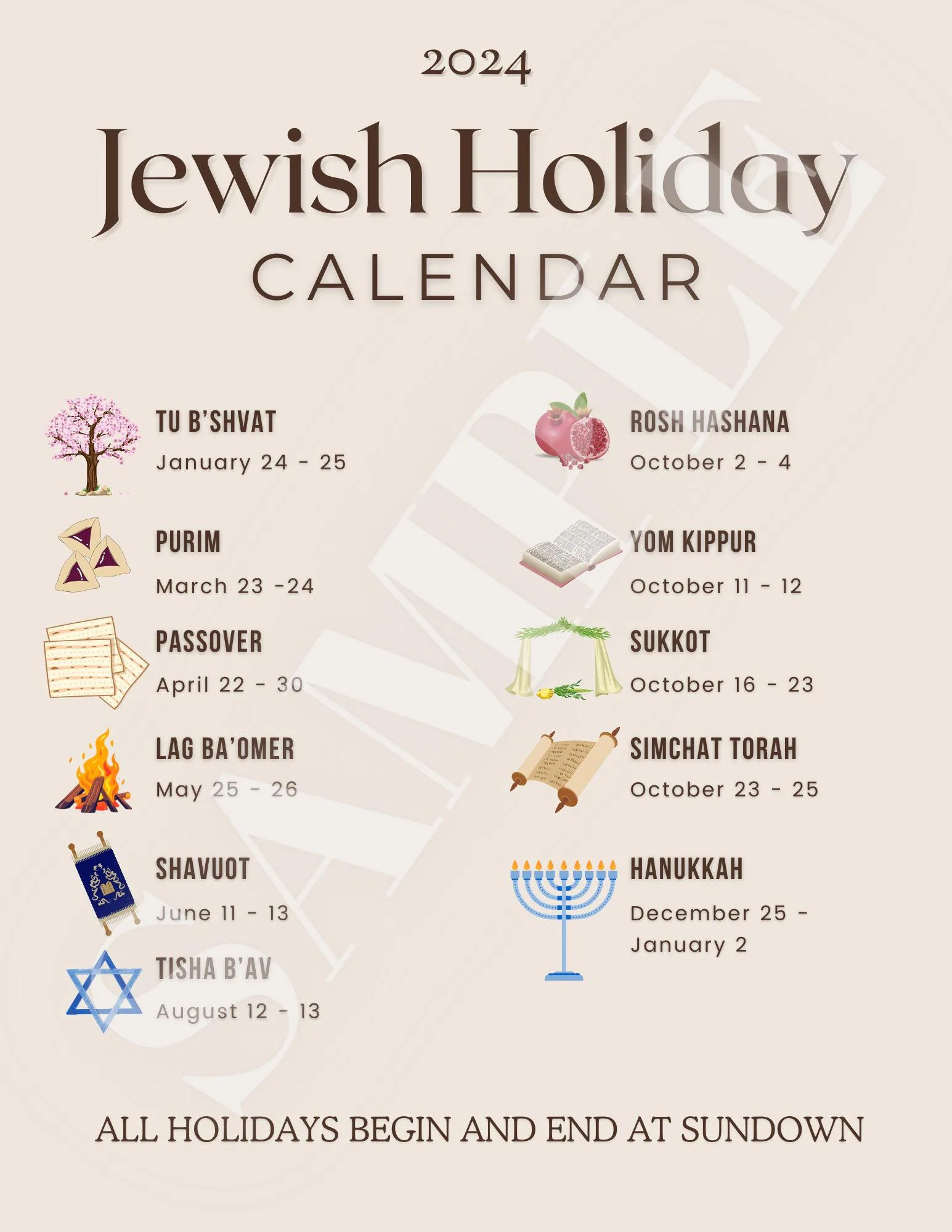 2025 Jewish Holiday Calendar Etsy