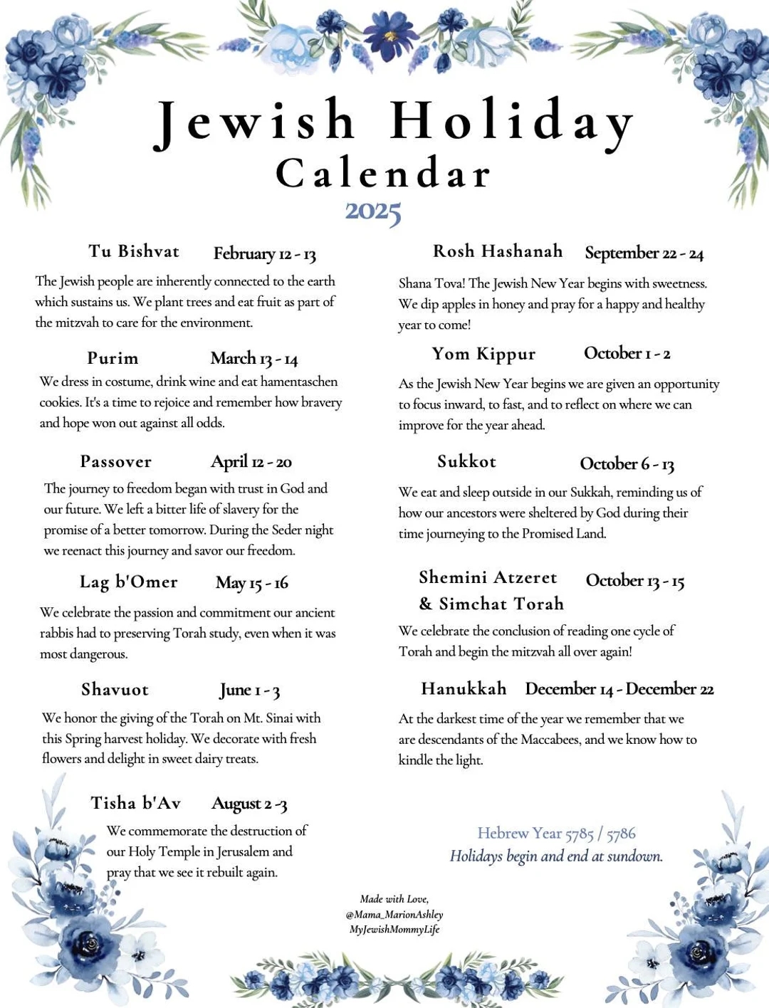 2025 NEW Jewish Holiday Calendar Hebrew Calendar 5785 5786 Hanukkah Etsy