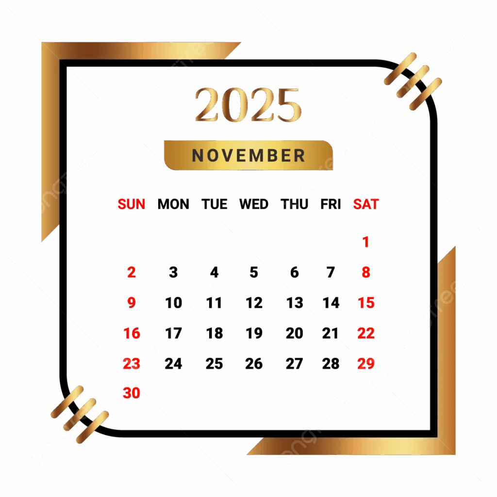 2025 November Month Calendar With Black And Golden Vector Monthly Calendar Calendar November 2025 PNG And Vector With Transparent Background For Free Download