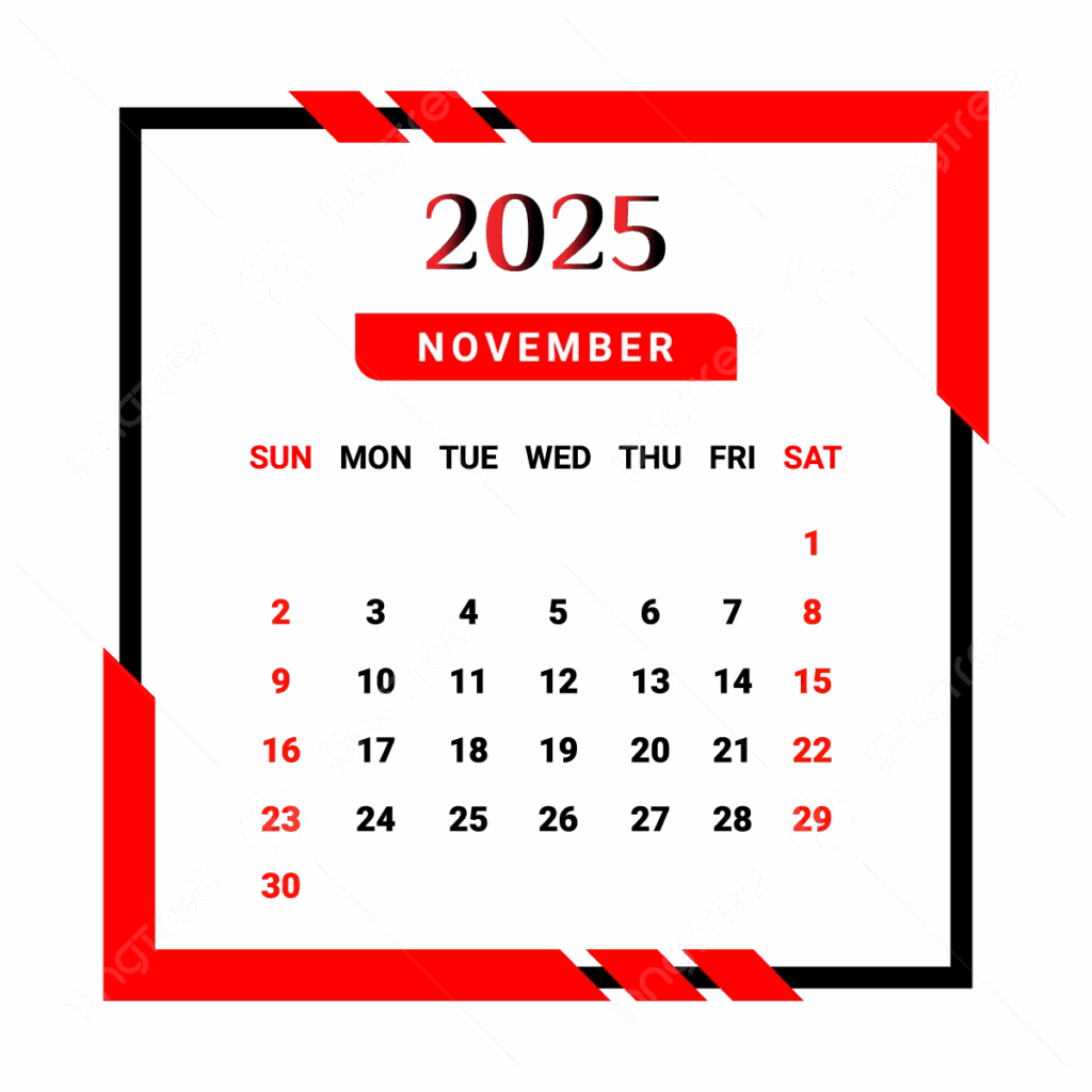 2025 November Month Calendar With Red And Black Unique Style Vector Monthly Calendar Calendar October 2025 PNG And Vector With Transparent Background For Free Download