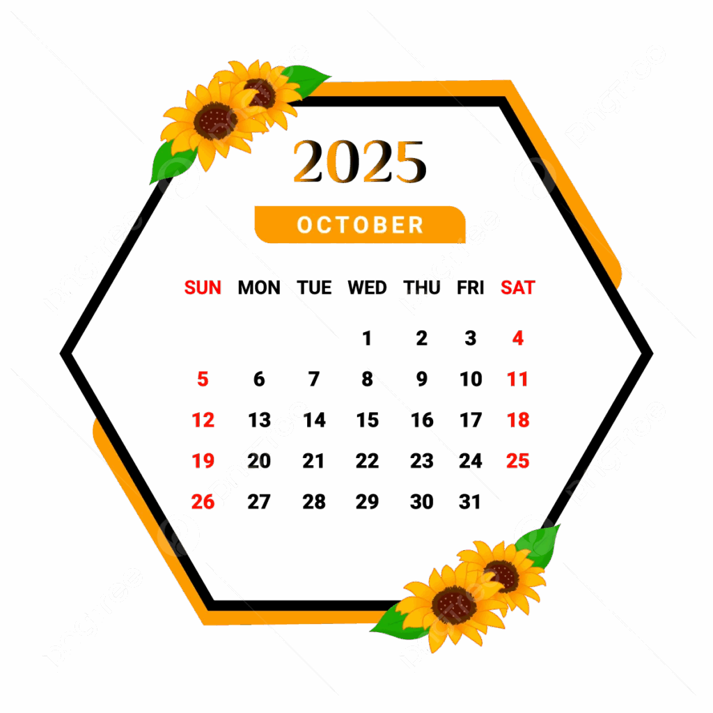 2025 October Calendar With Unique Flower Frame Vector Monthly Calendar Calendar October 2025 PNG And Vector With Transparent Background For Free Download