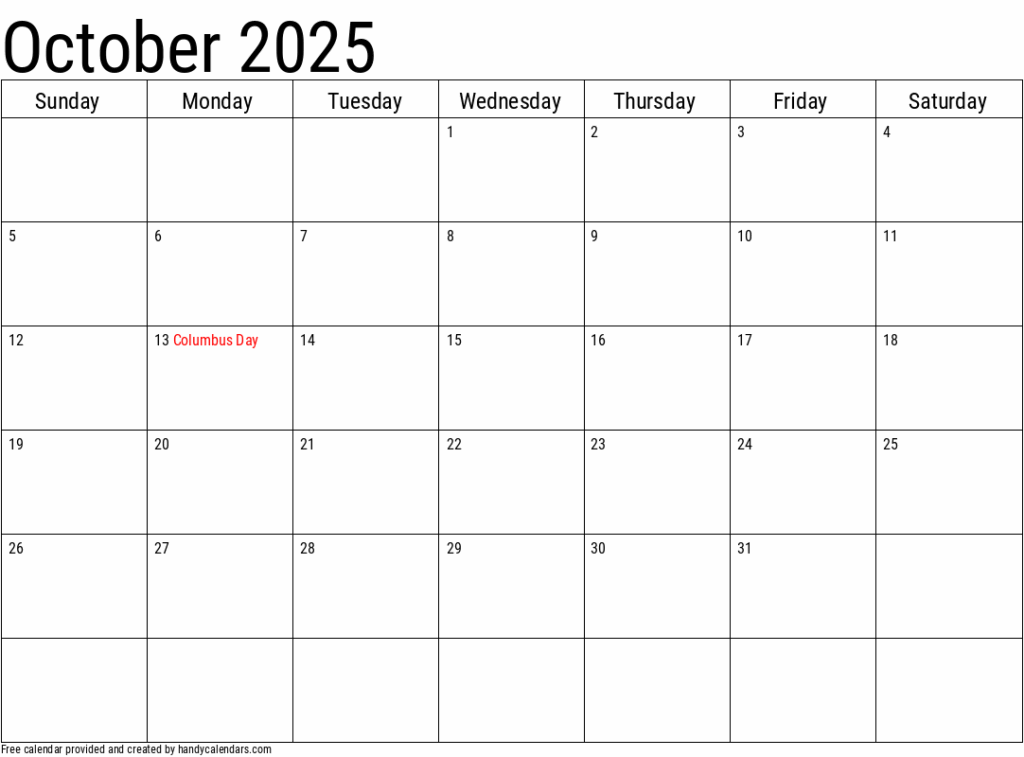 2025 October Calendars Handy Calendars