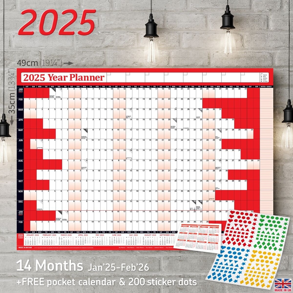 2025 Wall Calendar Holiday Planner Chart Calender RED FREE 200 Sticker Dots EBay