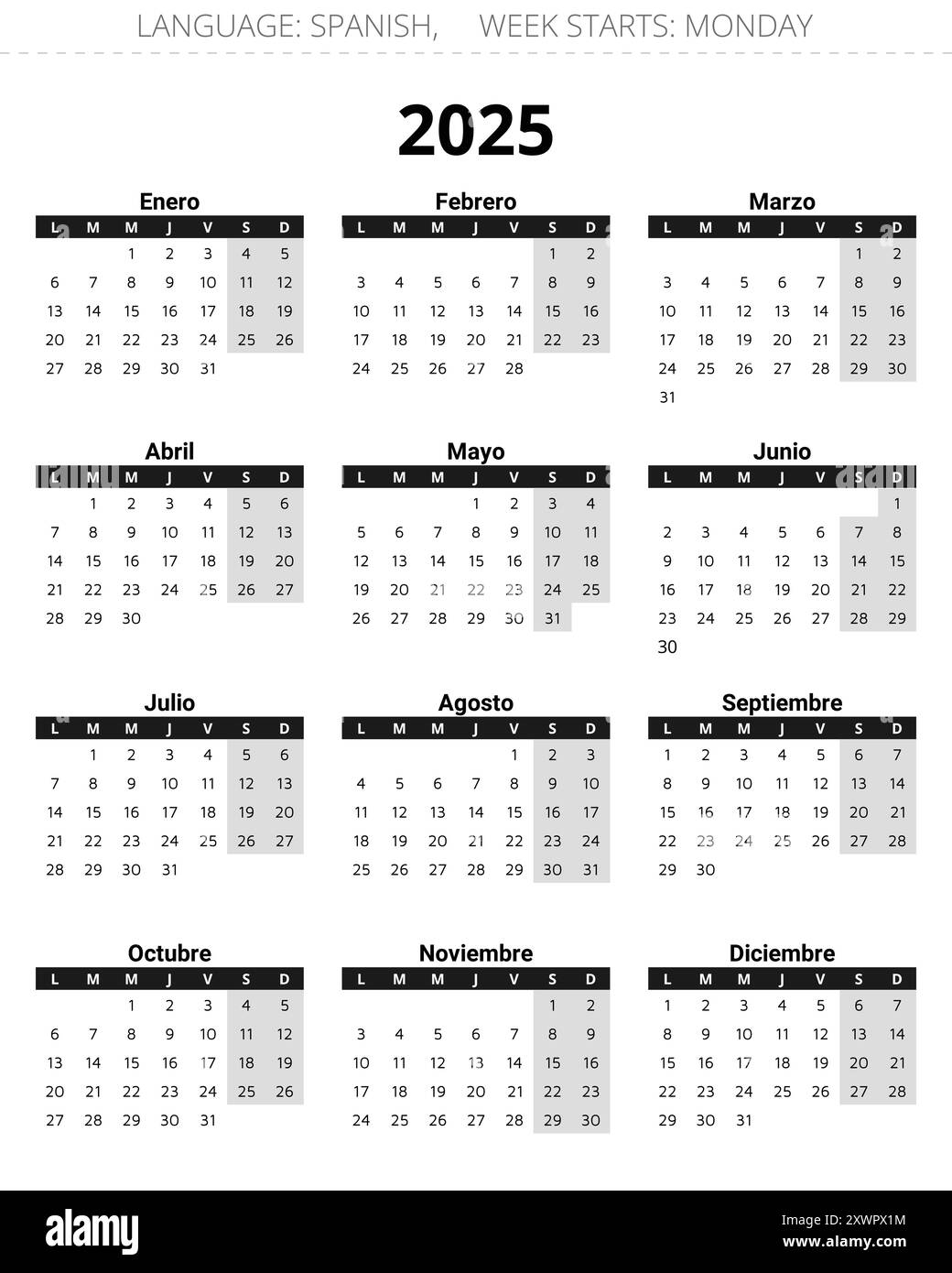 2025 Year Vertical Spanish Calendar Printable Vector Grey And Black Illustration For Spain Stock Vector Image Art Alamy