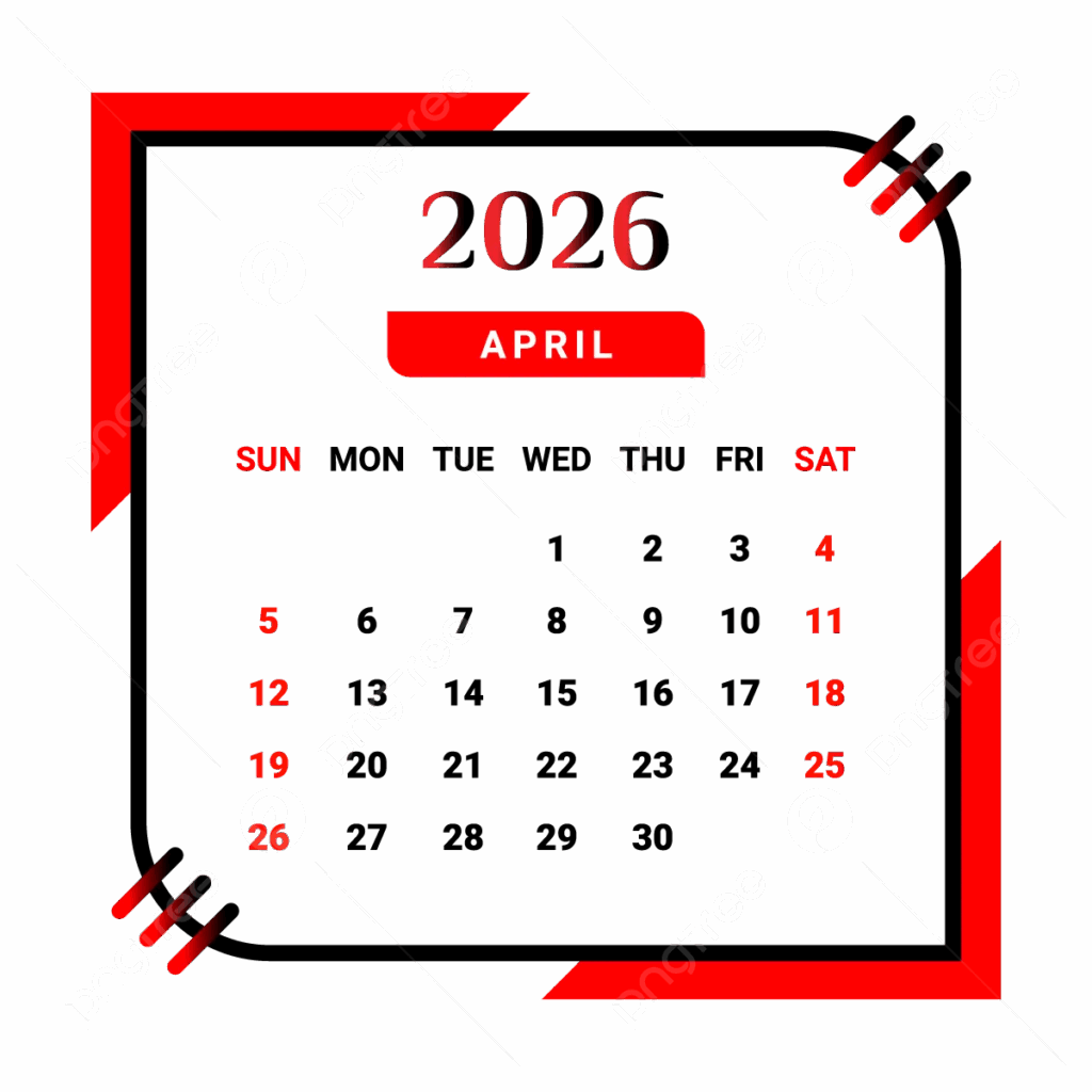 2026 April Month Calendar With Black And Red Vector Monthly Calendar Calendar April 2026 PNG And Vector With Transparent Background For Free Download