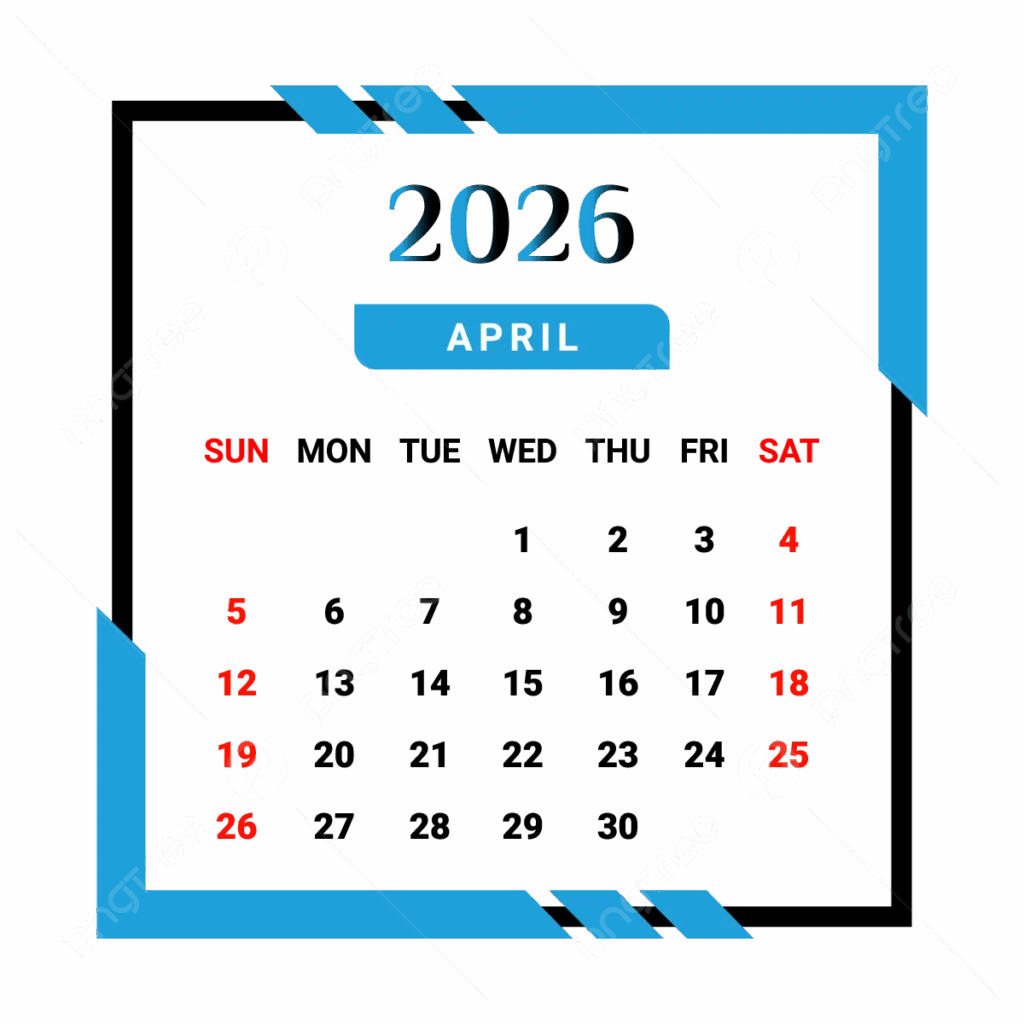2026 April Month Calendar With Skyblue And Black Unique Style Vector Monthly Calendar Calendar April 2026 PNG And Vector With Transparent Background For Free Download