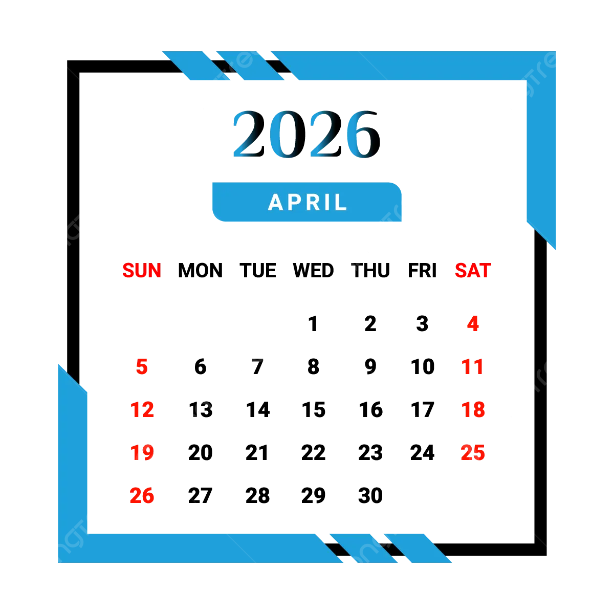 2026 April Month Calendar With Skyblue And Black Unique Style Vector Monthly Calendar Calendar April 2026 PNG And Vector With Transparent Background For Free Download 2026 April Month Calendar With Skyblue And Black Unique Style Vector Monthly Calendar Calendar April 2026 PNG And Vector With Transparent Background For Free Download