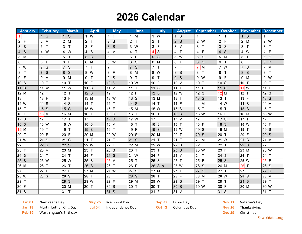 2026 Calendar Horizontal One Page WikiDates