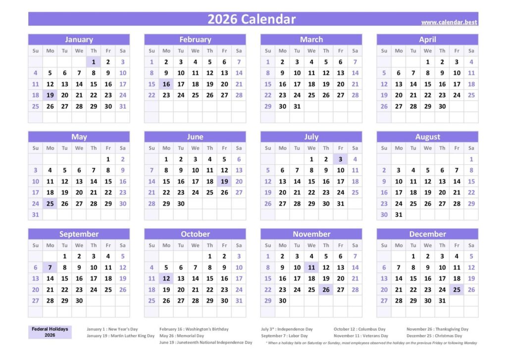 2026 Calendar With Holidays US Federal Holidays