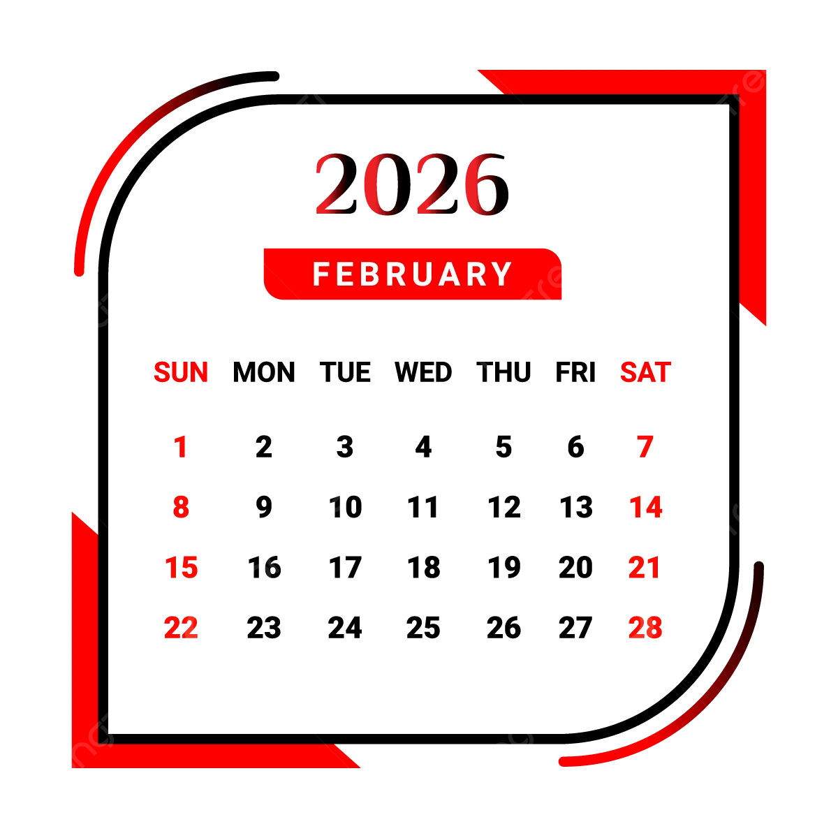 2026 February Month Calendar With Red And Black Vector Monthly Calendar Calendar February 2026 PNG And Vector With Transparent Background For Free Download