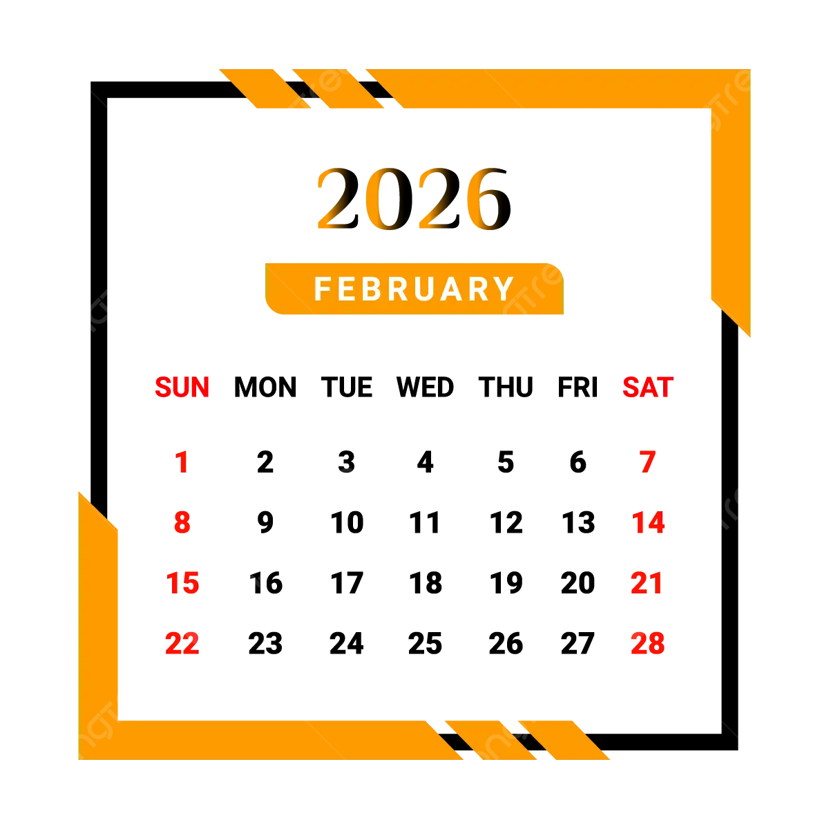 2026 February Month Calendar With Yellow And Black Unique Style Vector Monthly Calendar Calendar February 2026 PNG And Vector With Transparent Background For Free Download