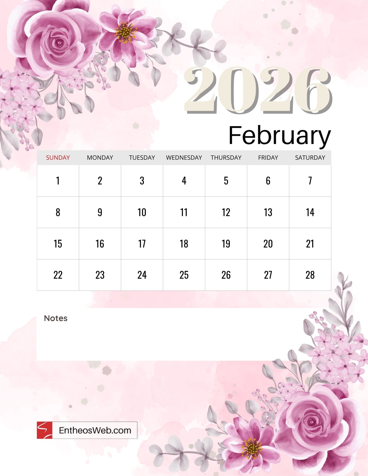 2026 Floral Month Calendar Printables EntheosWeb