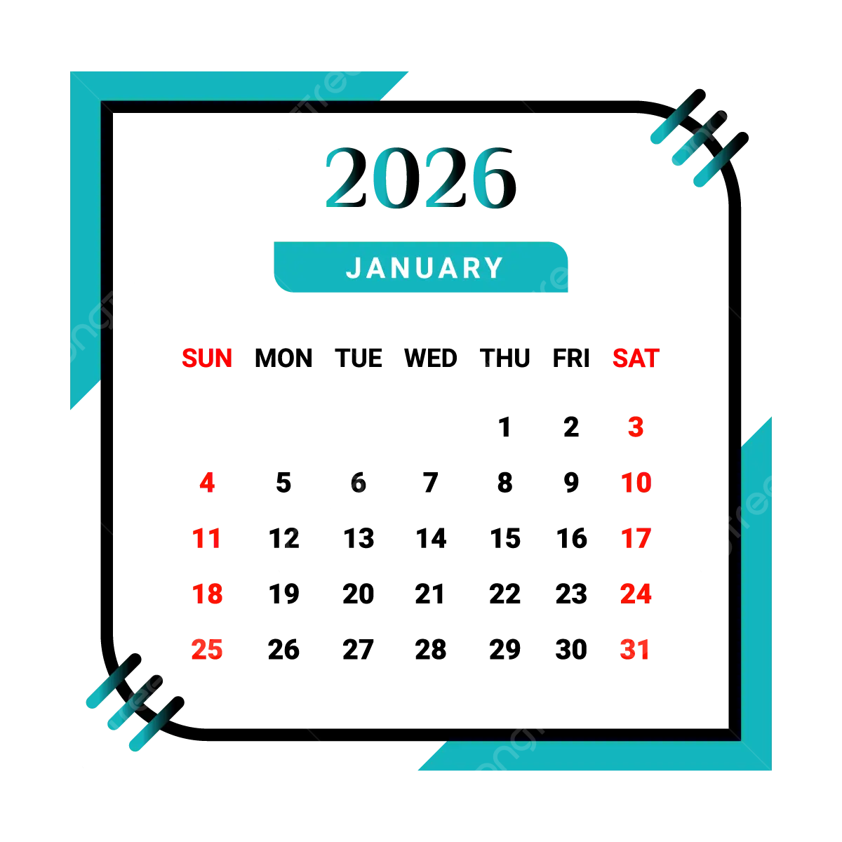 2026 January Month Calendar With Black And Green Vector Monthly Calendar Calendar January 2026 PNG And Vector With Transparent Background For Free Download