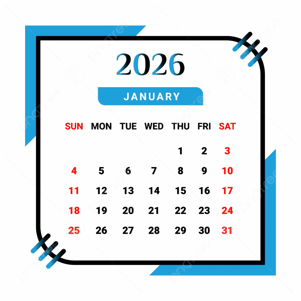 2026 January Month Calendar With Black And Skyblue Vector Monthly Calendar Calendar January 2026 PNG And Vector With Transparent Background For Free Download