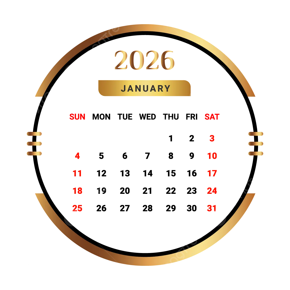 2026 January Month Calendar With Golden And Black Vector Monthly Calendar Calendar January 2026 PNG And Vector With Transparent Background For Free Download