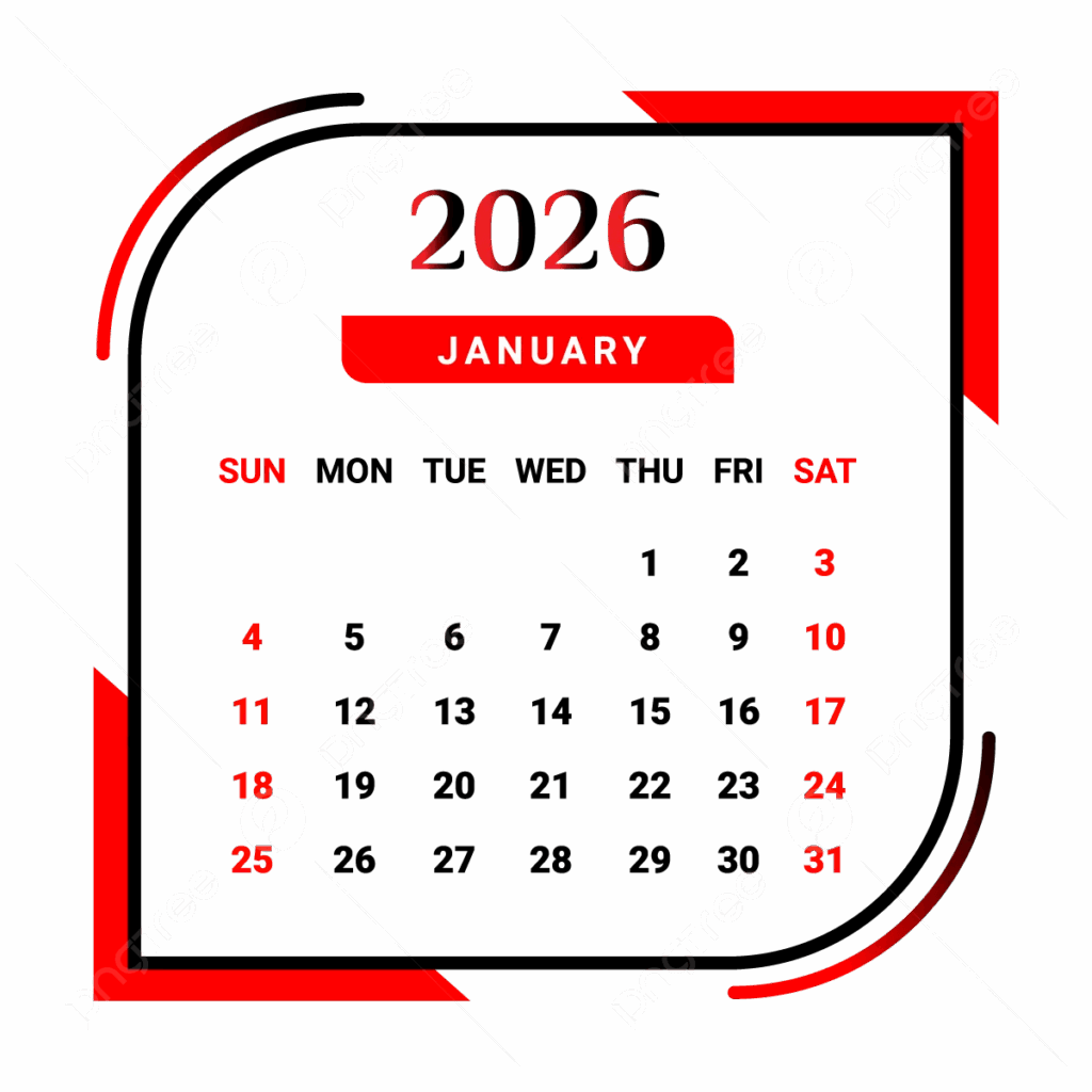 2026 January Month Calendar With Red And Black Vector Monthly Calendar Calendar January 2026 PNG And Vector With Transparent Background For Free Download