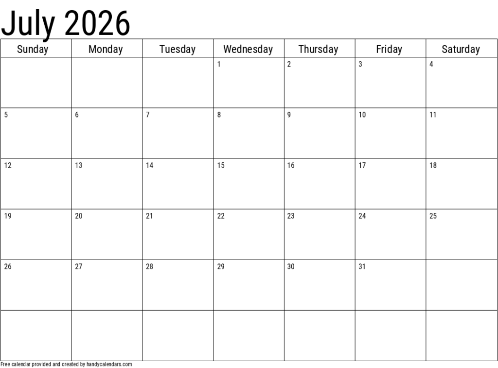2026 July Calendars Handy Calendars