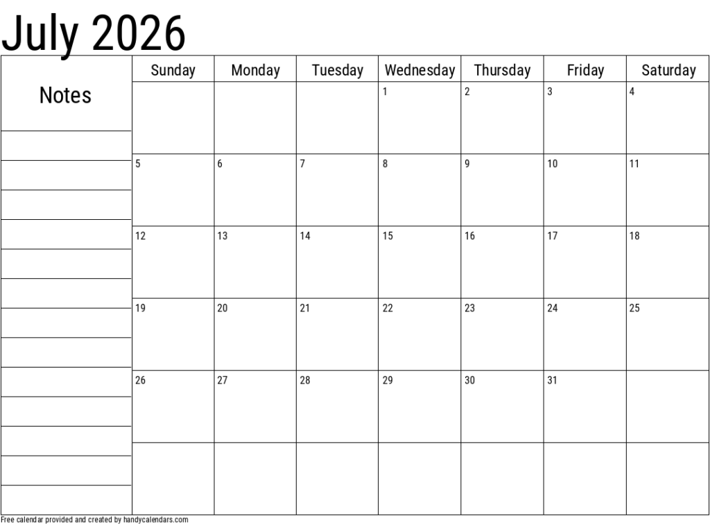 2026 July Calendars Handy Calendars