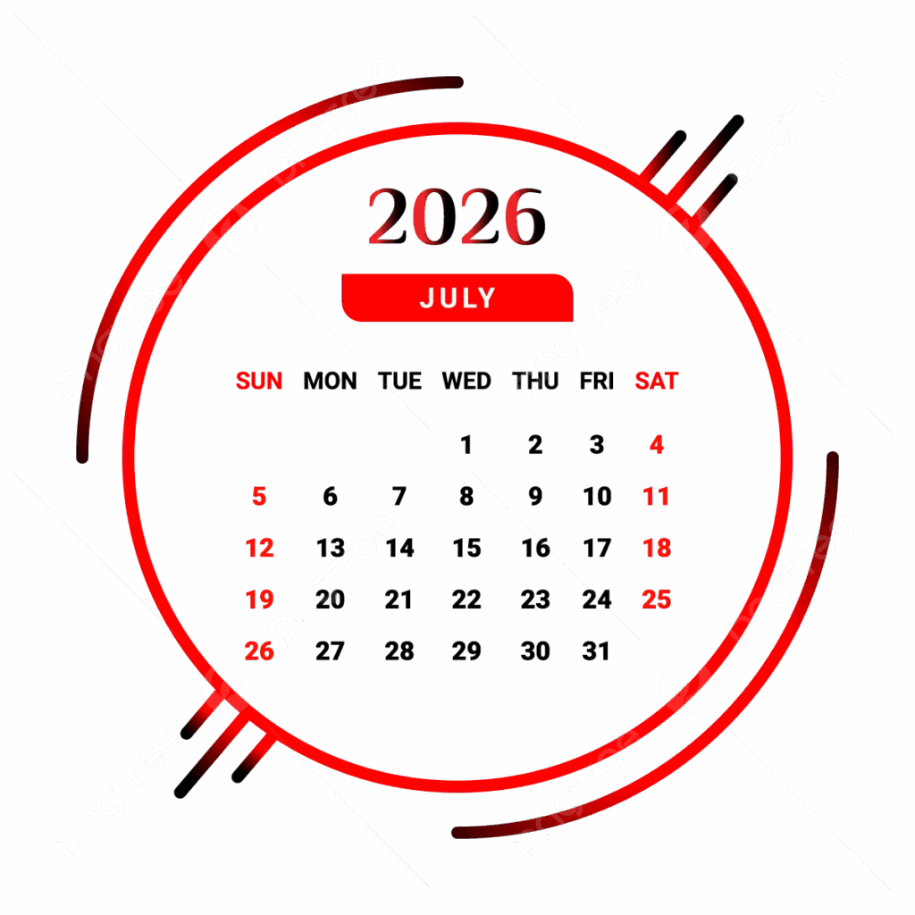 2026 July Month Calendar Red And Black Vector Monthly Calendar Calendar July 2026 PNG And Vector With Transparent Background For Free Download