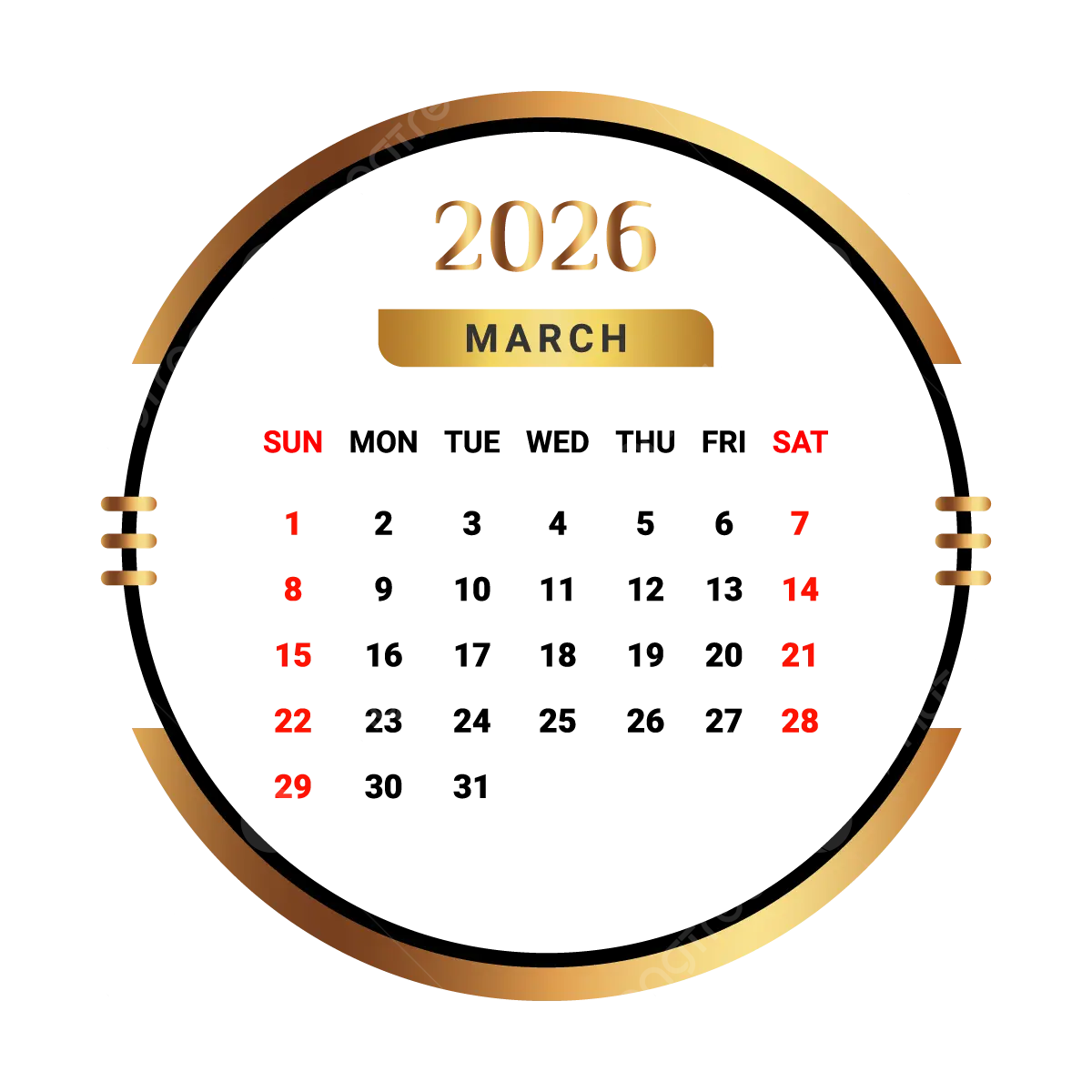 2026 March Month Calendar With Golden And Black Vector Monthly Calendar Calendar March 2026 PNG And Vector With Transparent Background For Free Download