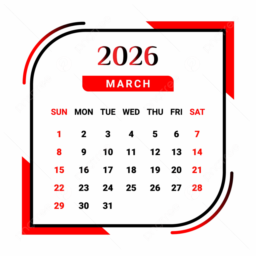 2026 March Month Calendar With Red And Black Vector Monthly Calendar Calendar March 2026 PNG And Vector With Transparent Background For Free Download