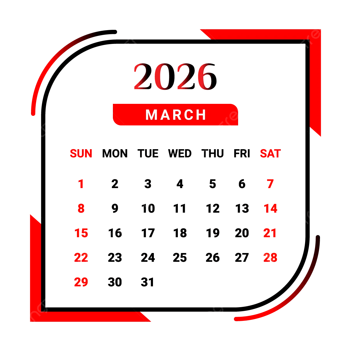 2026 March Month Calendar With Red And Black Vector Monthly Calendar Calendar March 2026 PNG And Vector With Transparent Background For Free Download 2026 March Month Calendar With Red And Black Vector Monthly Calendar Calendar March 2026 PNG And Vector With Transparent Background For Free Download