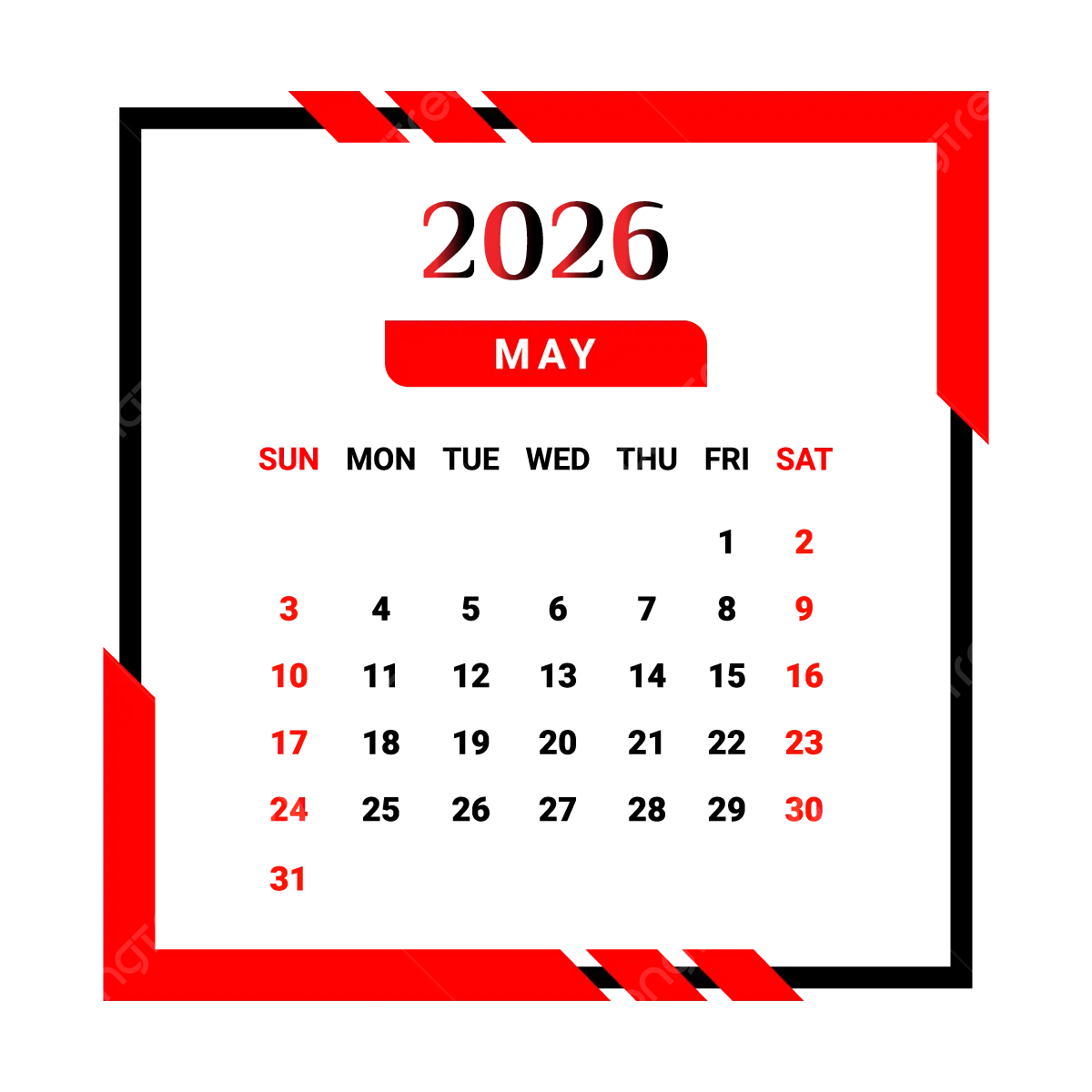 2026 May Month Calendar With Red And Black Unique Style Vector Monthly Calendar Calendar May 2026 PNG And Vector With Transparent Background For Free Download