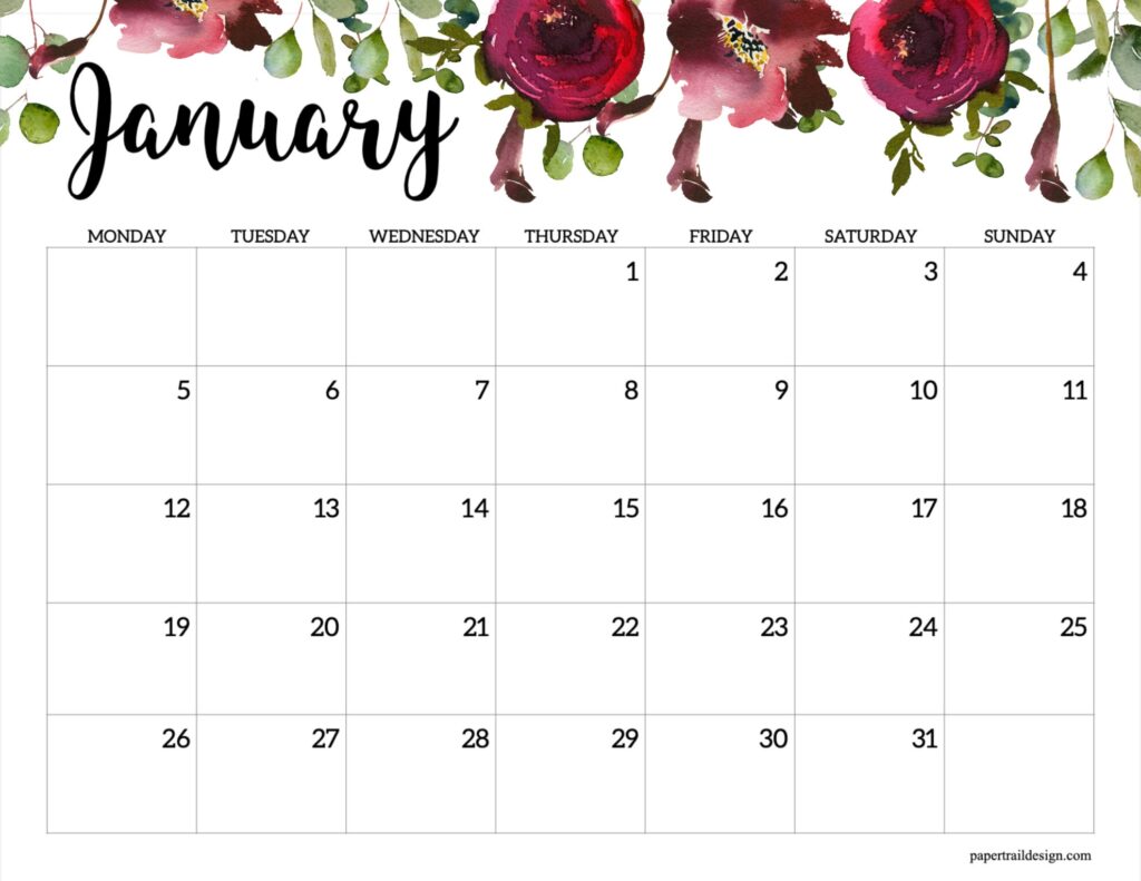 2026 Monday Start Floral Calendar Paper Trail Design