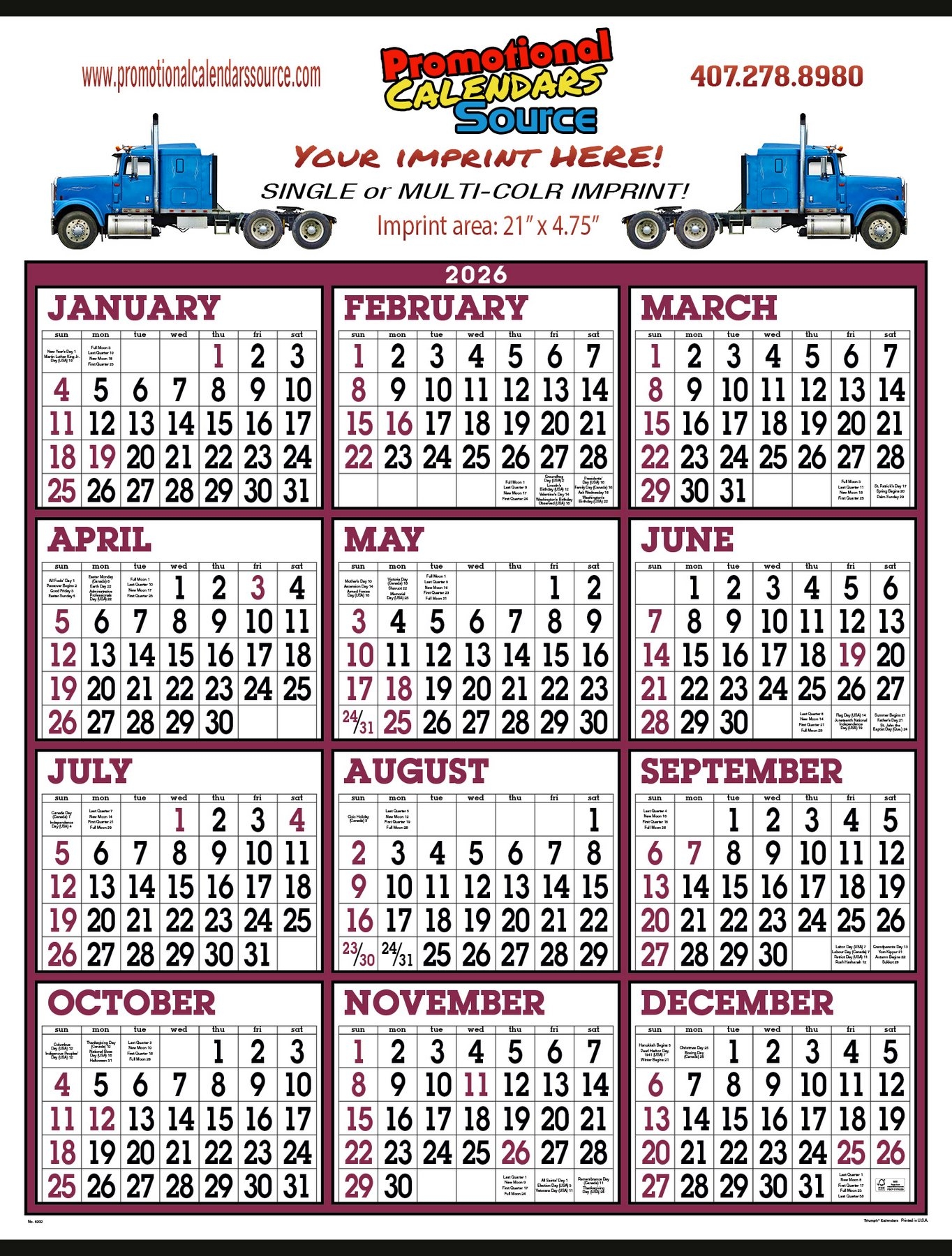 2026 Year In View Commercial Calendar Big Numbers Size 22x29