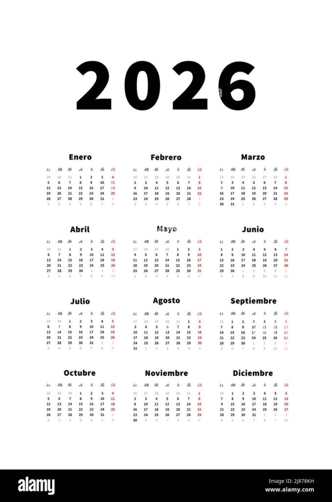 2026 Year Simple Vertical Calendar In Spanish Language Typographic Calendar Isolated On White Stock Vector Image Art Alamy