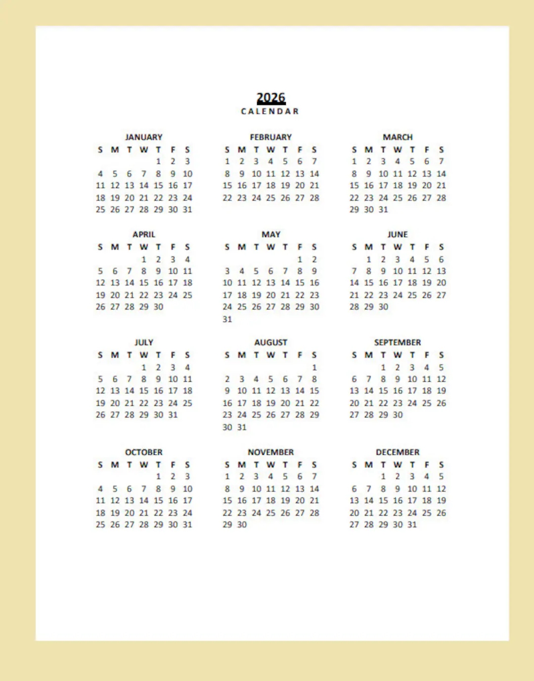 2026 Yearly Calendar Printable Sunday Start Year At A Glance PDF Portrait Etsy 2026 Yearly Calendar Printable Sunday Start Year At A Glance PDF Portrait Etsy