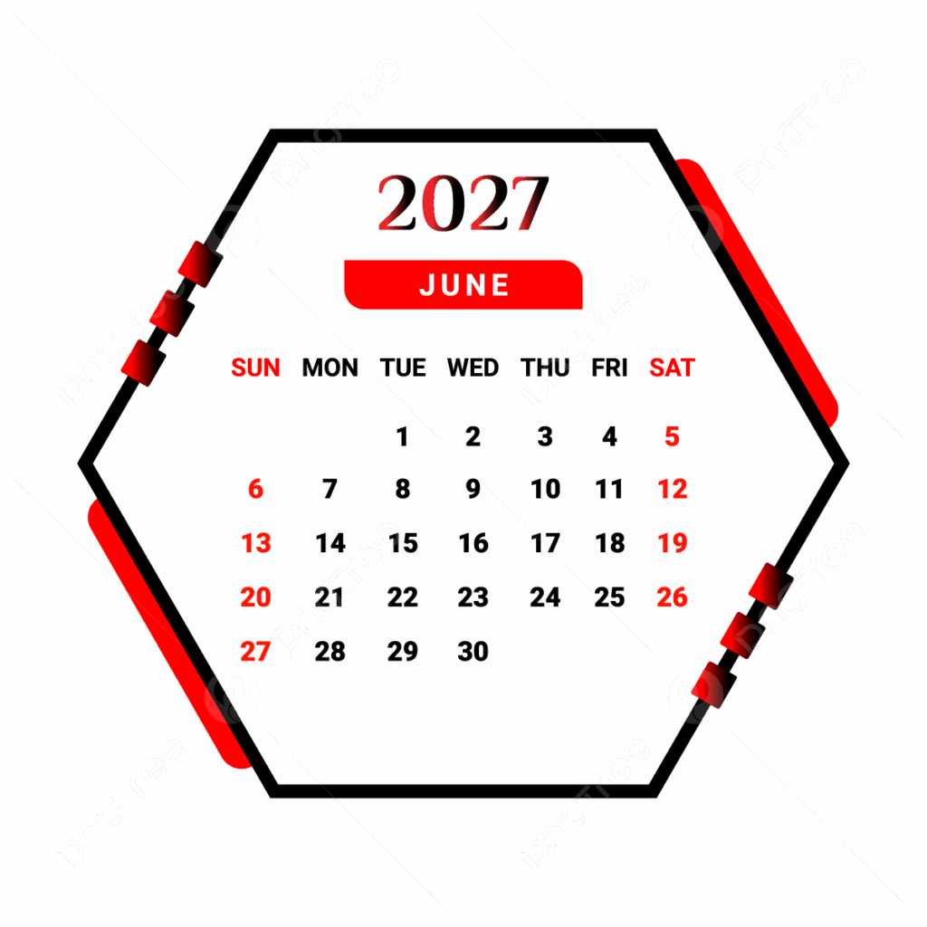 2027 June Month Calendar With Red And Black Geometric Style Vector Monthly Calendar Calendar June 2027 PNG And Vector With Transparent Background For Free Download
