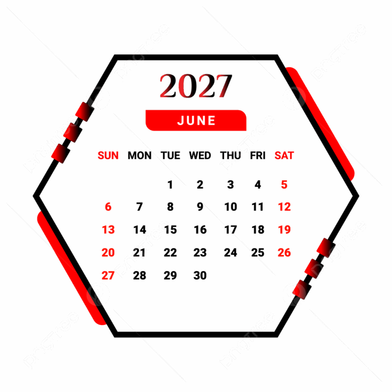 2027 June Month Calendar With Red And Black Geometric Style Vector Monthly Calendar Calendar June 2027 PNG And Vector With Transparent Background For Free Download
