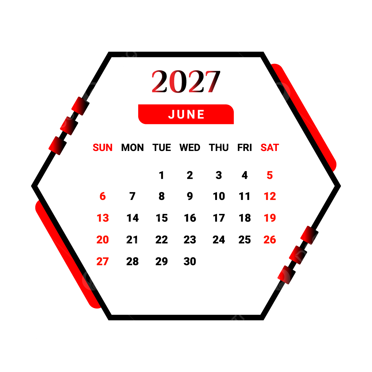 2027 June Month Calendar With Red And Black Geometric Style Vector Monthly Calendar Calendar June 2027 PNG And Vector With Transparent Background For Free Download
