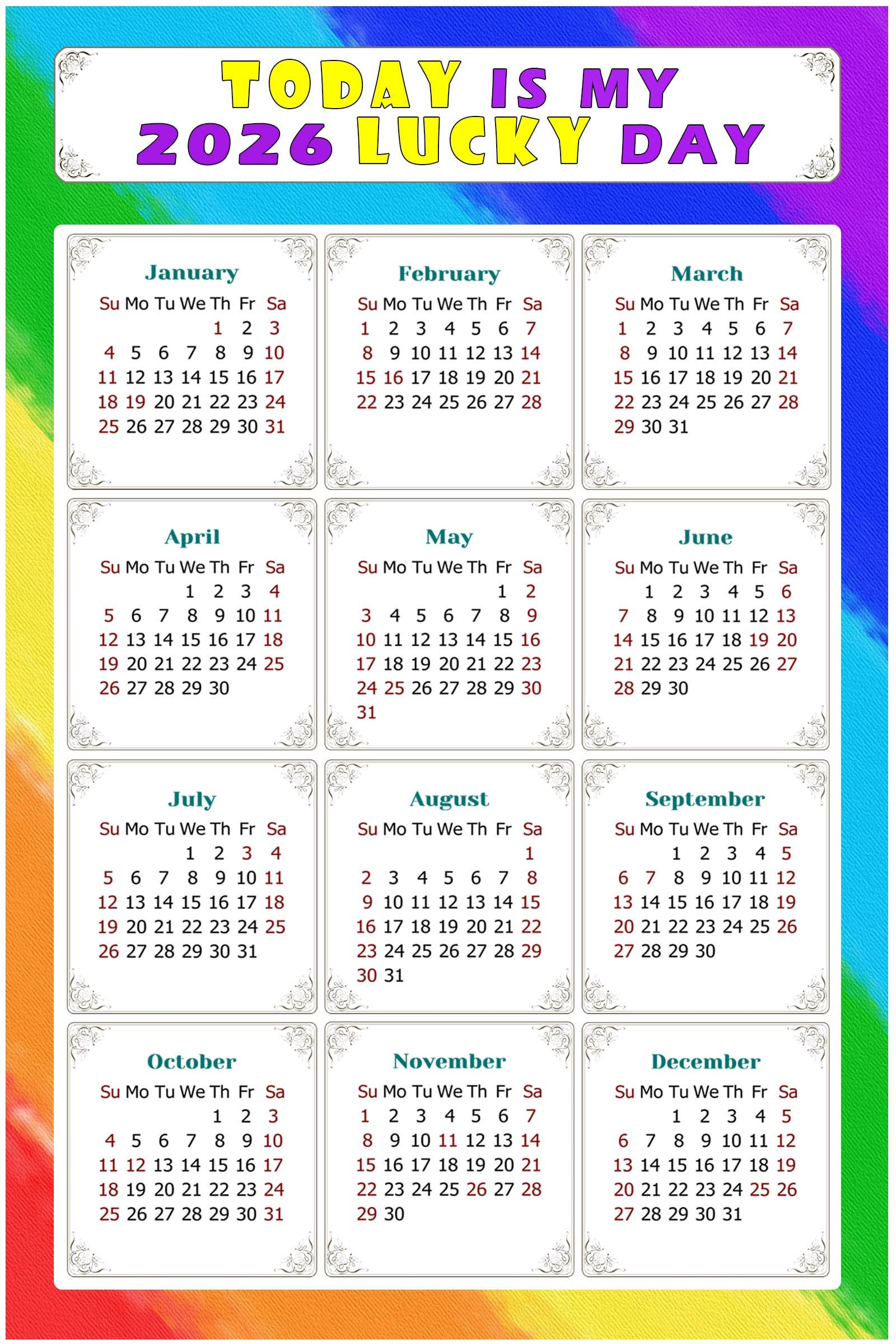 Amazon 2026 Peel Stick Calendar Today Is My Lucky Day Removable Repositionable Fade Tear Water Resistant Remove Reuse 043 9 x 6 Office Products
