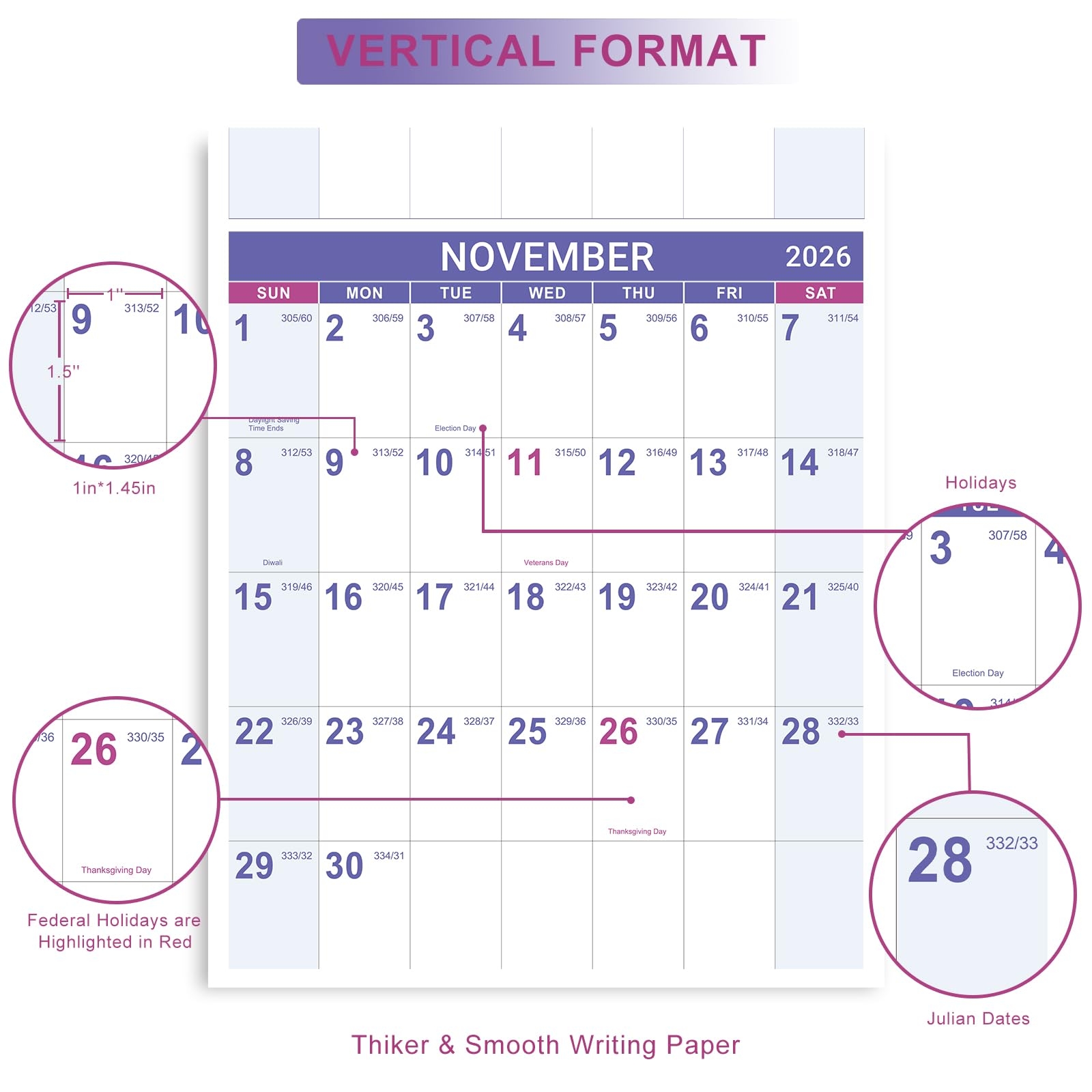 Amazon 2026 Yearly Wall Calendar 2026 Wall Calendar With Julian Date Jan 2026 Dec 2026 One Page For Organizing Premium Thick Paper Vertical Gift Pocket 34 8 X 22 8 Open Purple Office Products