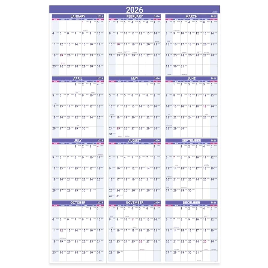 Amazon 2026 Yearly Wall Calendar 2026 Wall Calendar With Julian Date Jan 2026 Dec 2026 One Page For Organizing Premium Thick Paper Vertical Gift Pocket 34 8 X 22 8 Open Purple Office Products