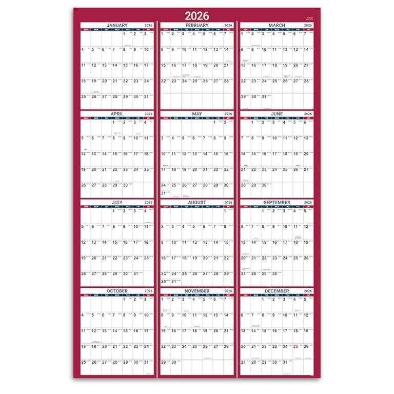 Amazon 2026 Yearly Wall Calendar 2026 Wall Calendar With Julian Date Jan 2026 Dec 2026 One Page For Organizing Premium Thick Paper Vertical Gift Pocket 34 8 X 22 8 Open Red Office Products