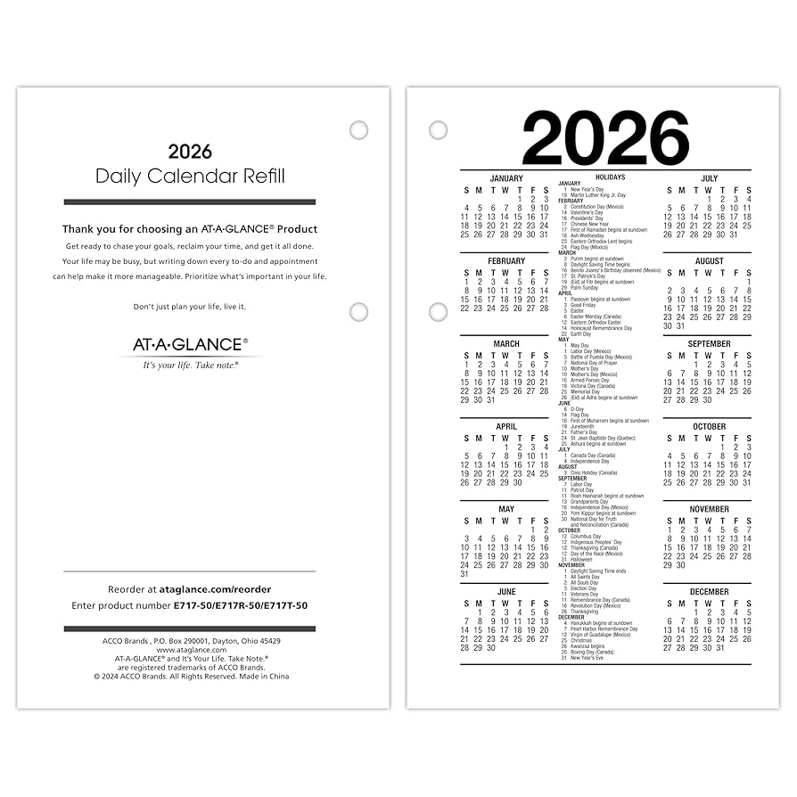 Amazon AT A GLANCE 2026 Desk Calendar Refill Daily 3 5 X 6 Standard Loose Leaf E7175026 Office Products