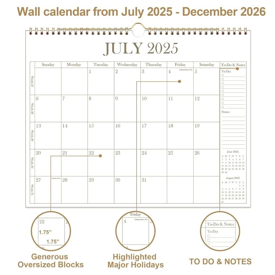 Amazon Calendar 2025 2026 Wall Calendar From July 2025 December 2026 18 Months Calendar With Premium Paper Twin Wire Binding Hanging Hook 12 X 14 5 Golden Office Products