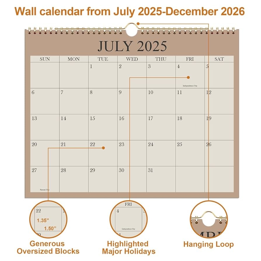 Amazon Calendar 2025 2026 Wall Calendar From July 2025 December 2026 18 Months Calendar With Premium Paper Twin Wire Binding Hanging Hook 8 5 X 11 Beige Office Products