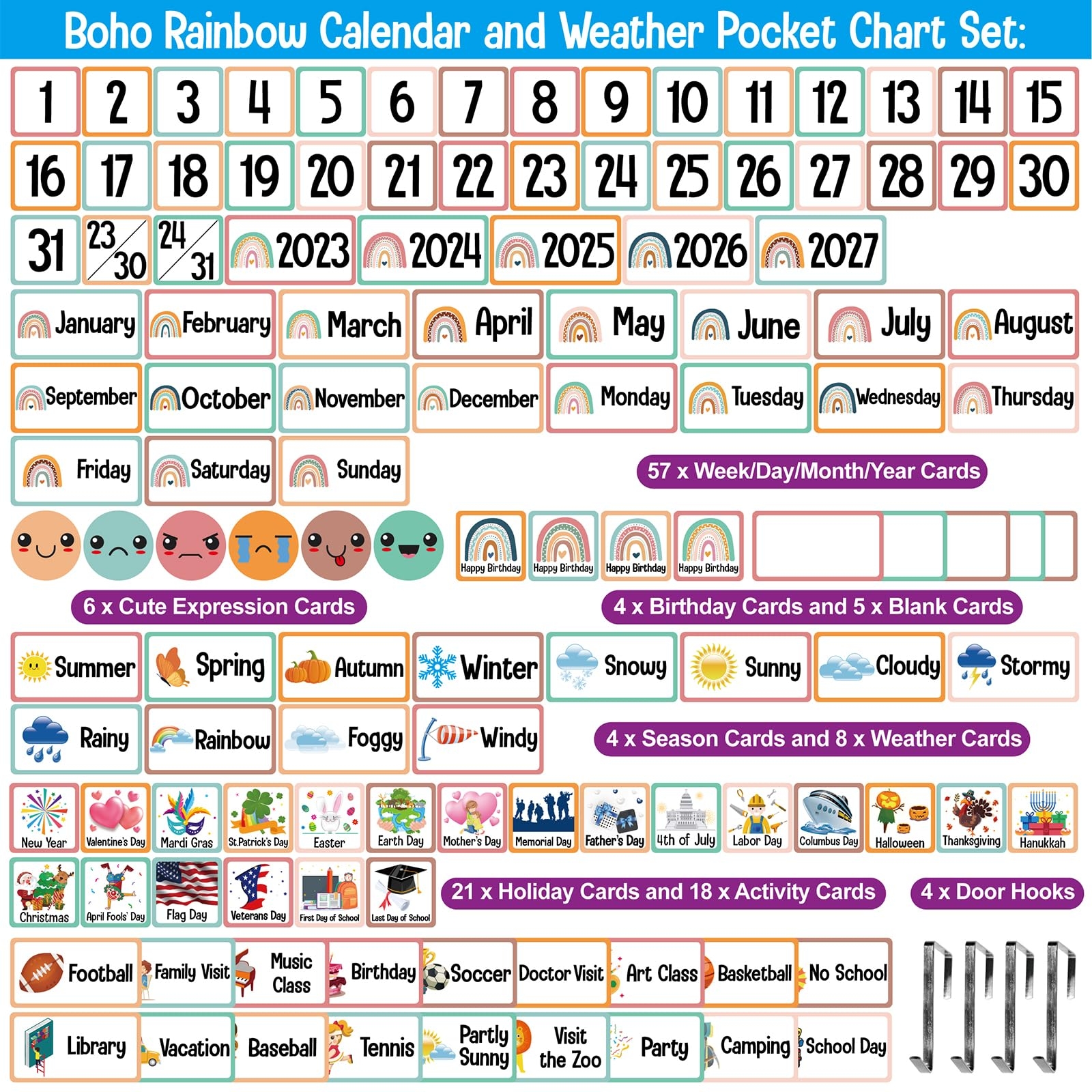 Amazon Calendar And Weather Pocket Chart With 223 Cards For Students Classroom Home School Supplies Boho Rainbow Theme Office Products