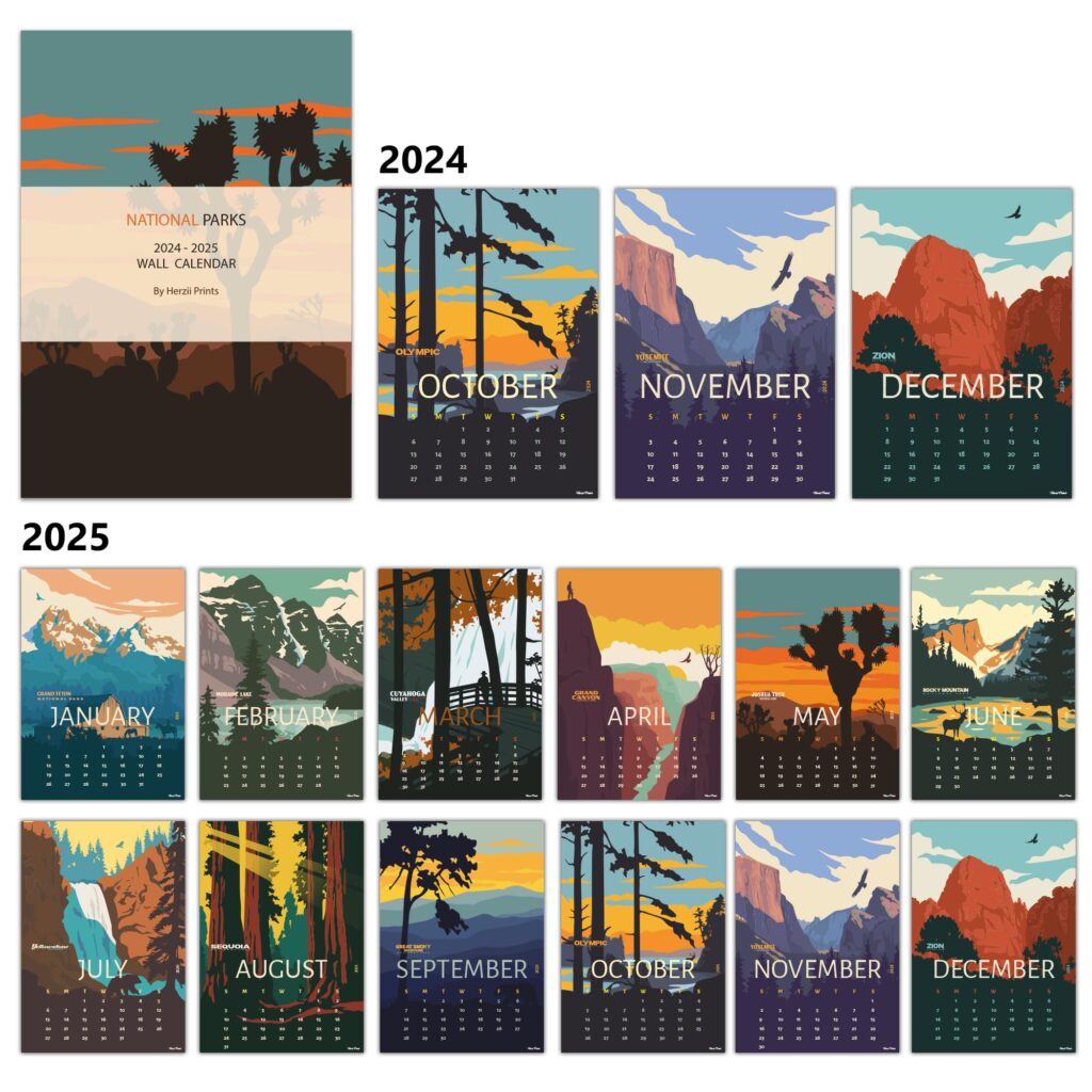Amazon Herzii Prints National Parks Calendar 2024 2025 From October 2024 To December 2025 11x15 Spiral Bound With Hanger Wall Calendar Office Products