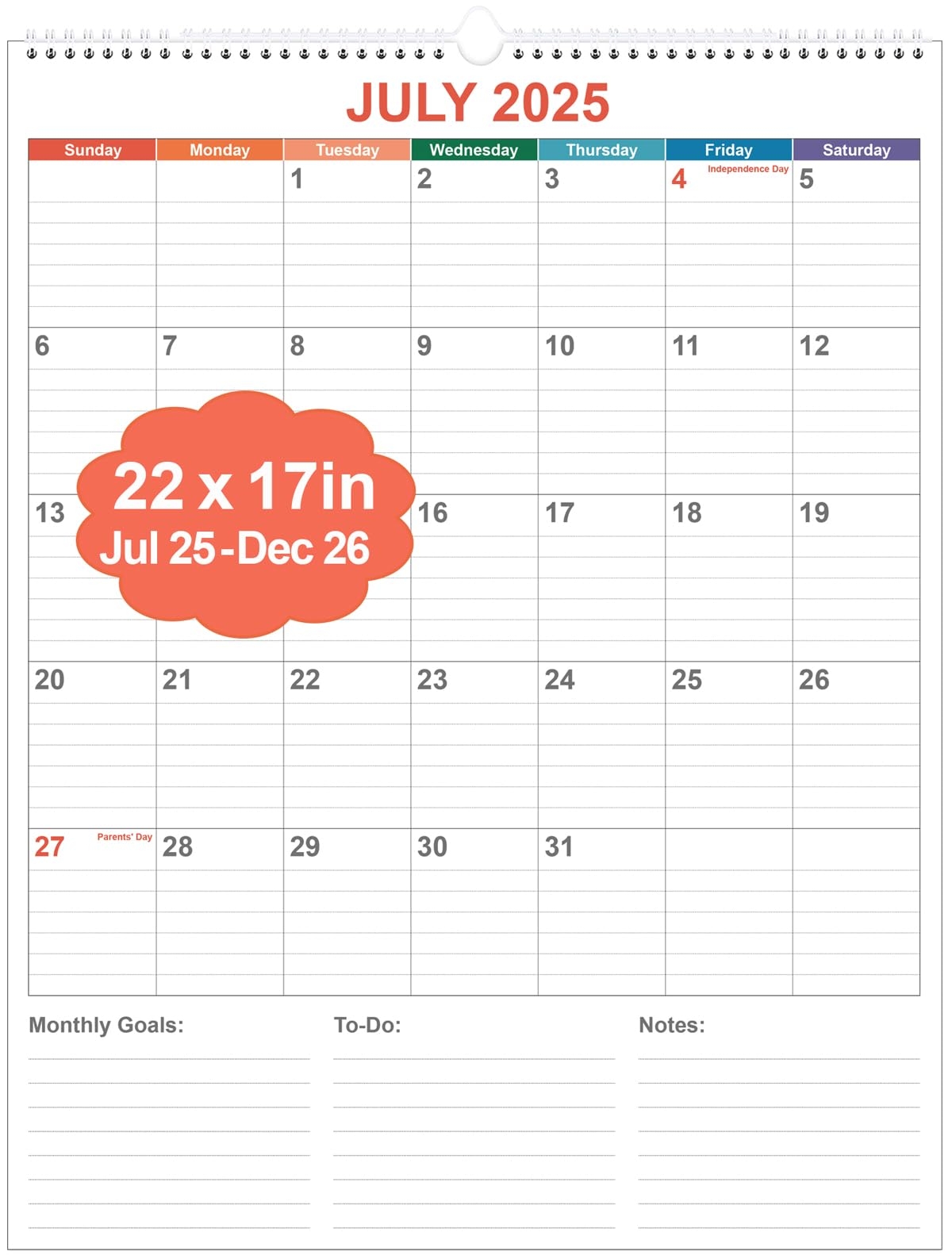 Amazon Large Calendar 2025 2026 With Spiral Bound 18 Month Big Calendar From July 2025 To December 2026 Vertical Large Monthly Planner 2025 2026 For Wall Calendario 2025 26 22 X 17 Colorful Office Products