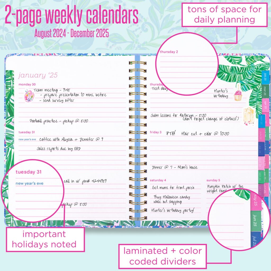 Amazon Lilly Pulitzer Daily Planner Dated August 2024 December 2025 Weekly Agenda With Monthly Calendar Stickers Pockets Spiral Binding Just A Pinch Office Products